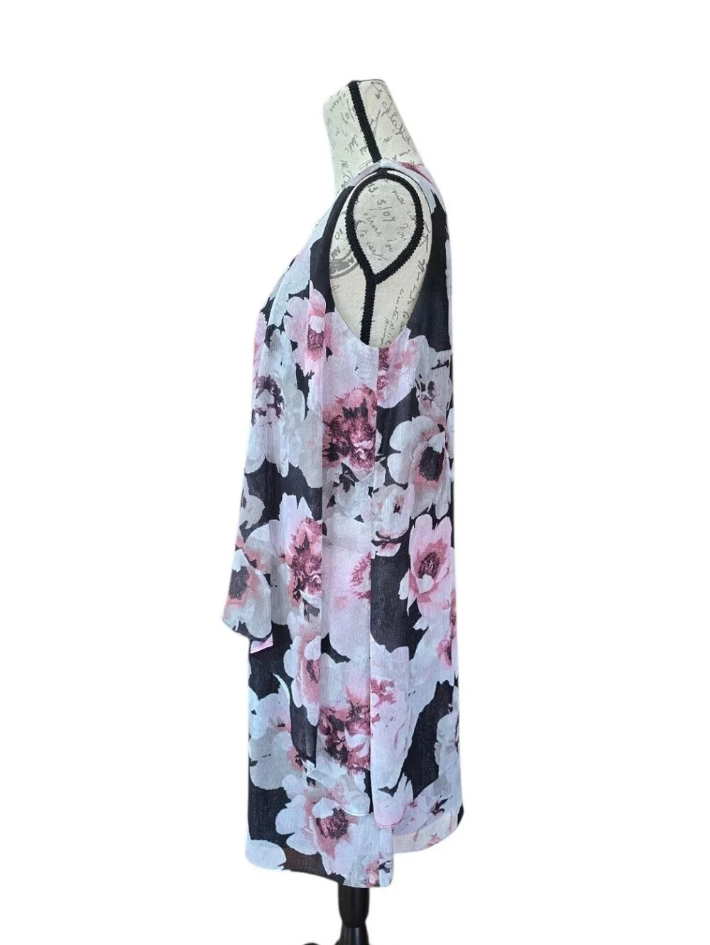 Ignite Evenings Pink Black Gray Chiffon Floral Sleeveless Dress 10